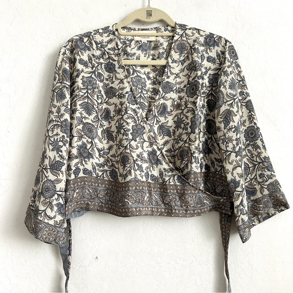 Bohemian Floral Wrap Top - Cream & Blue